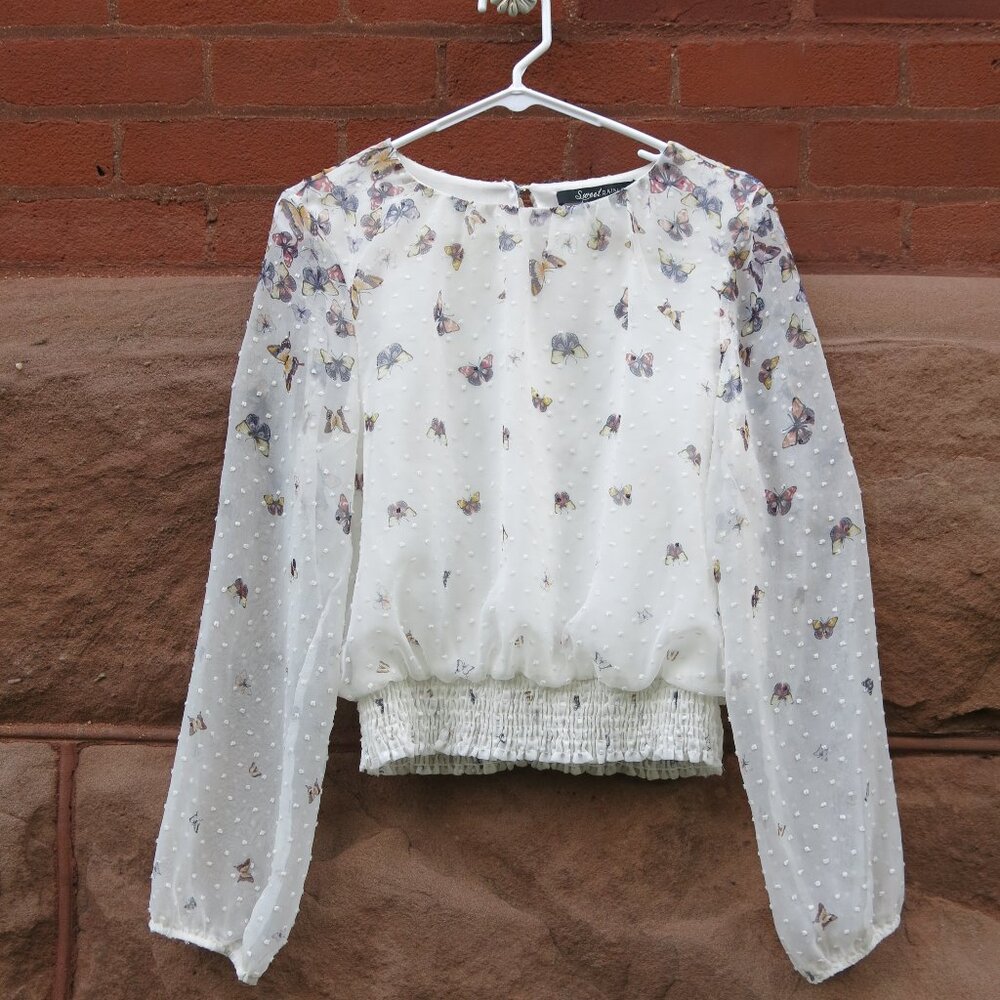 Sweet Rain Textured Voile Butterfly Romantic Bohemian Feminine Blouse Size M